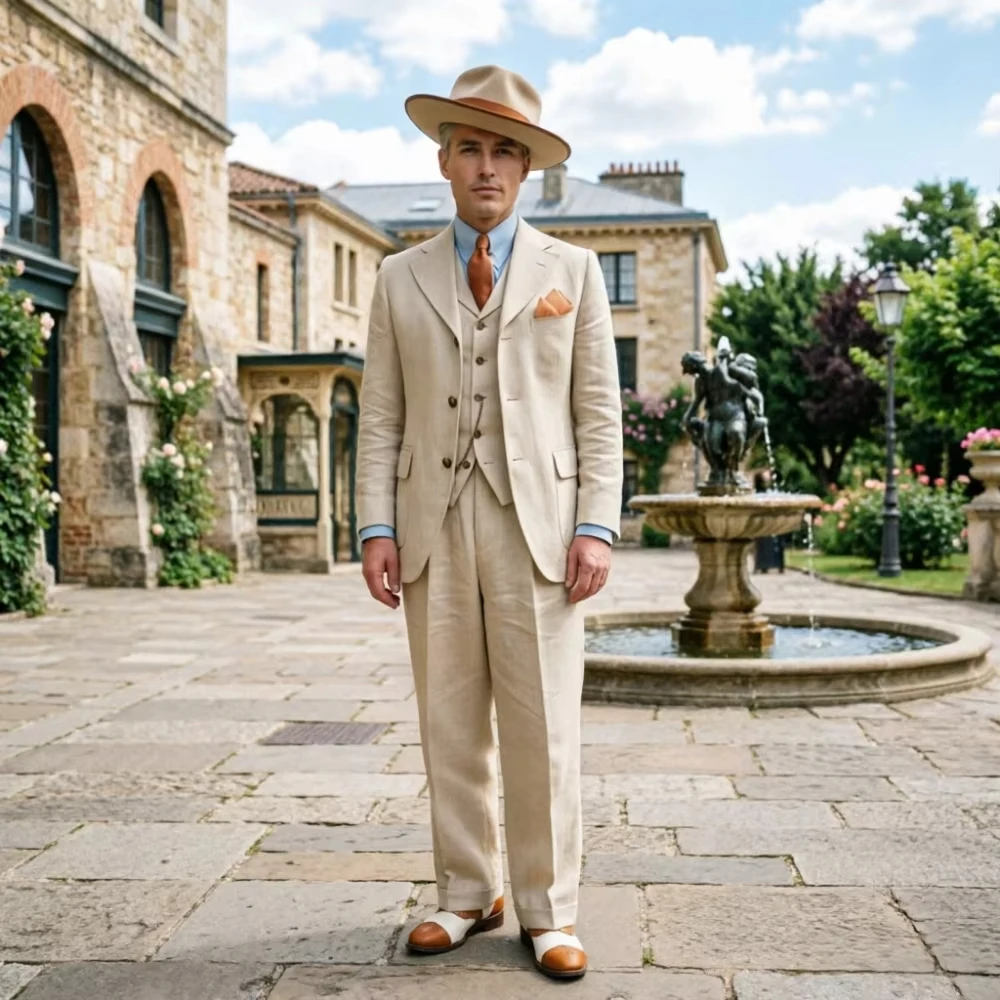Beżowy lniany męski garnitur 3 – Men Linen Formal Wear recenzja i cena