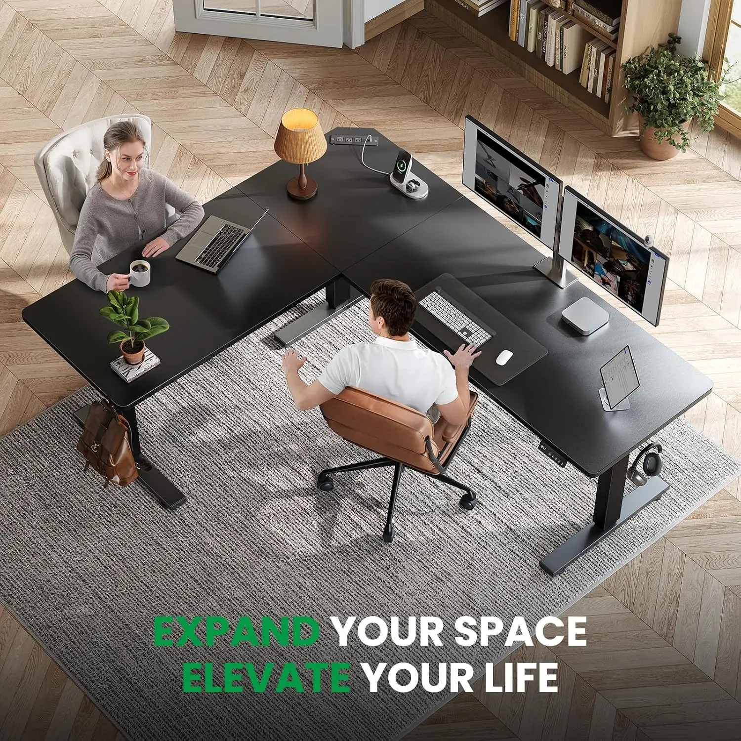 L-Shaped Standing Desk Adjustable Corner Sit Stand Table Charging Station Memory Controller 63x55 Inch Home Office, Customized
