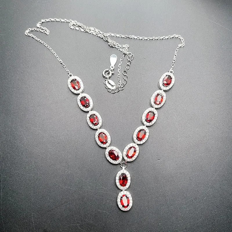 Elegant 925 Silver Necklace for Women Natural Garnet Necklace 4mm*6mm 12 pieces Real Garnet Silver Jewelry