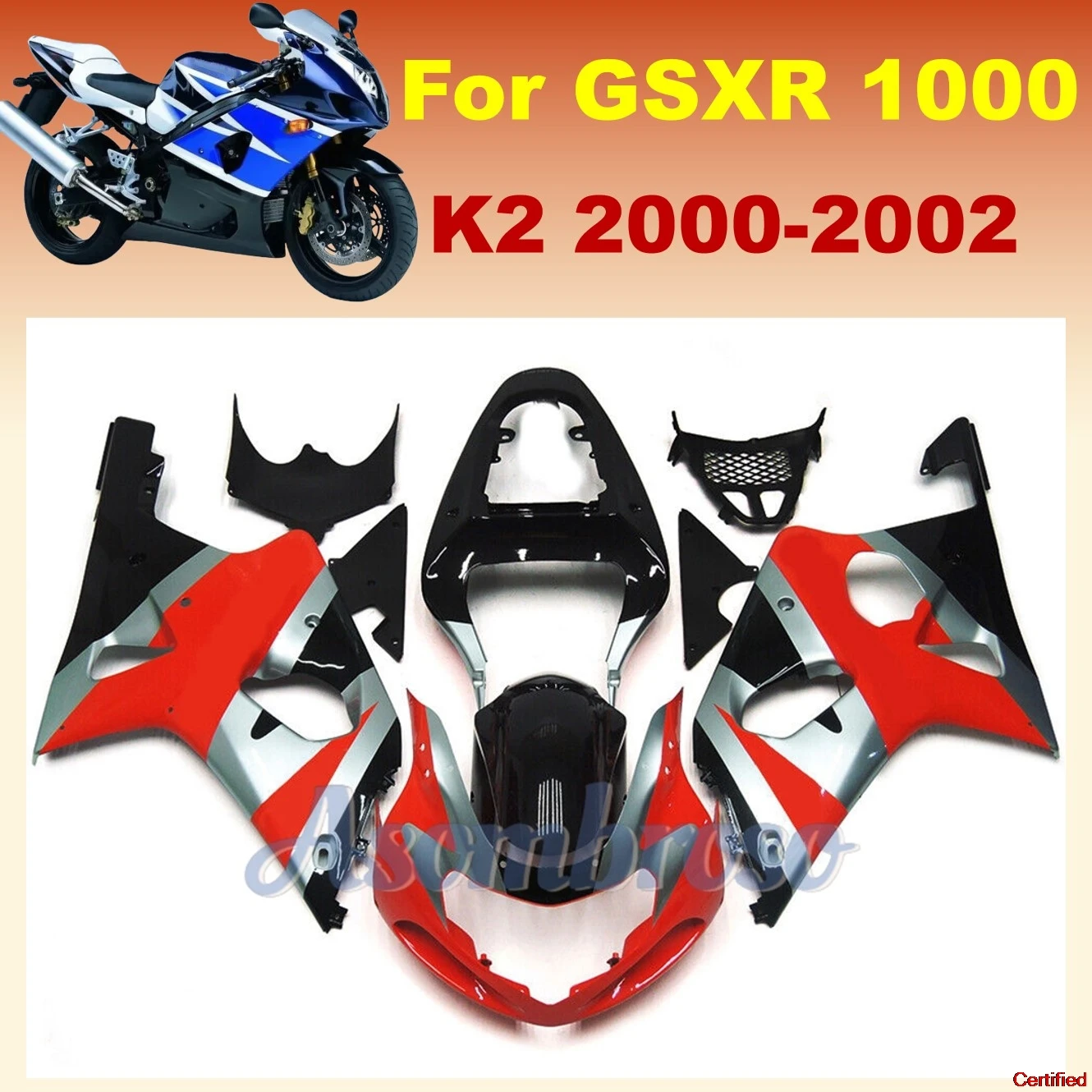

Best OEM Fairing kit For GSXR1000 2000 2001 2002 GSX-R1000 02 01 Motorcycle full Fairing red silvery black body kit