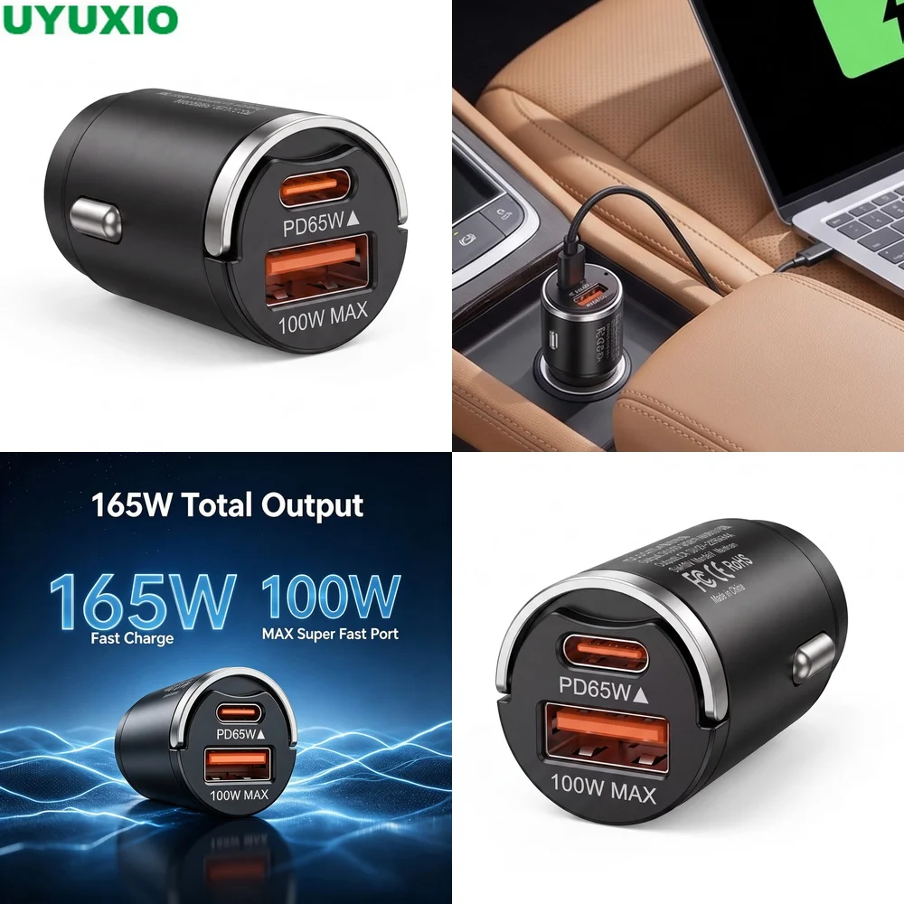 165W Two Port Car Charger PD 65W Type C and 100W USB A Power for Phones Tablets Laptops and GPS Compact Metal Flush Fit Design