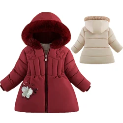 Giacca invernale per neonate tinta unita paillettes Cartoon Butterfly Stickers fodera PlushThick Warm Hooded Coat per tuta da neve per bambini 1-4Y