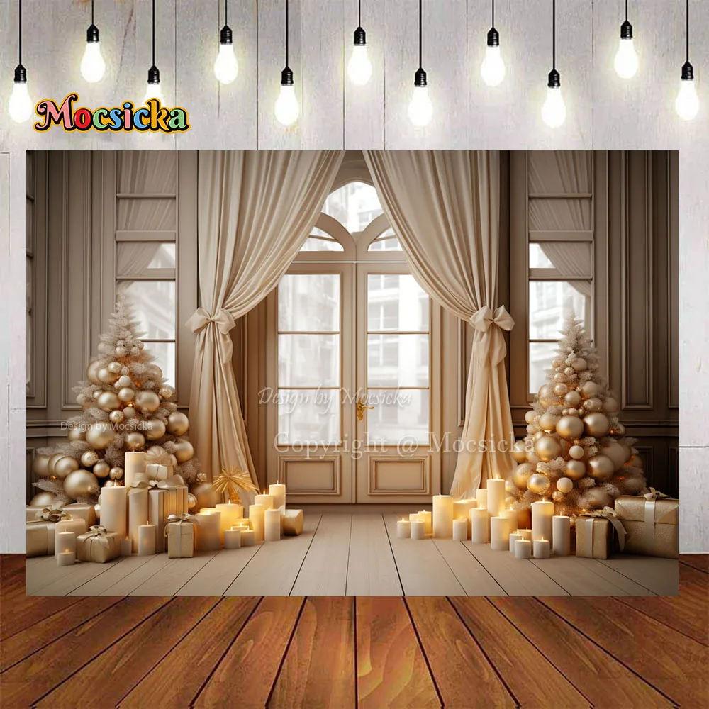 الذهبي شجرة عيد الميلاد ديكور السنة الجديدة غرفة خلفية الشموع الستائر الهدايا النوافذ خلفية كشك الاطفال صورة استوديو الصور