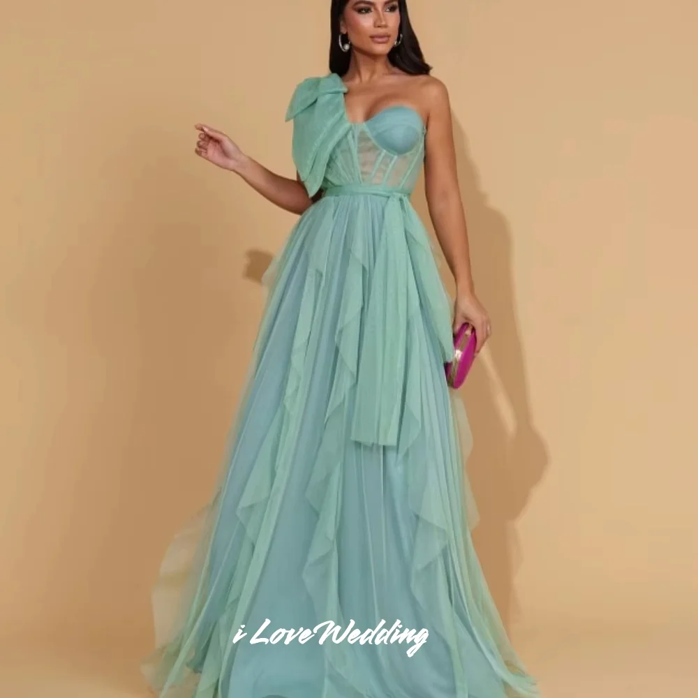 Синее вечернее платье на одно плечо 2025 с бантом в форме сердца, без рукавов, с открытой спиной, трапециевидной формы длиной до пола, плиссированное свадебное платье по индивидуальному заказу