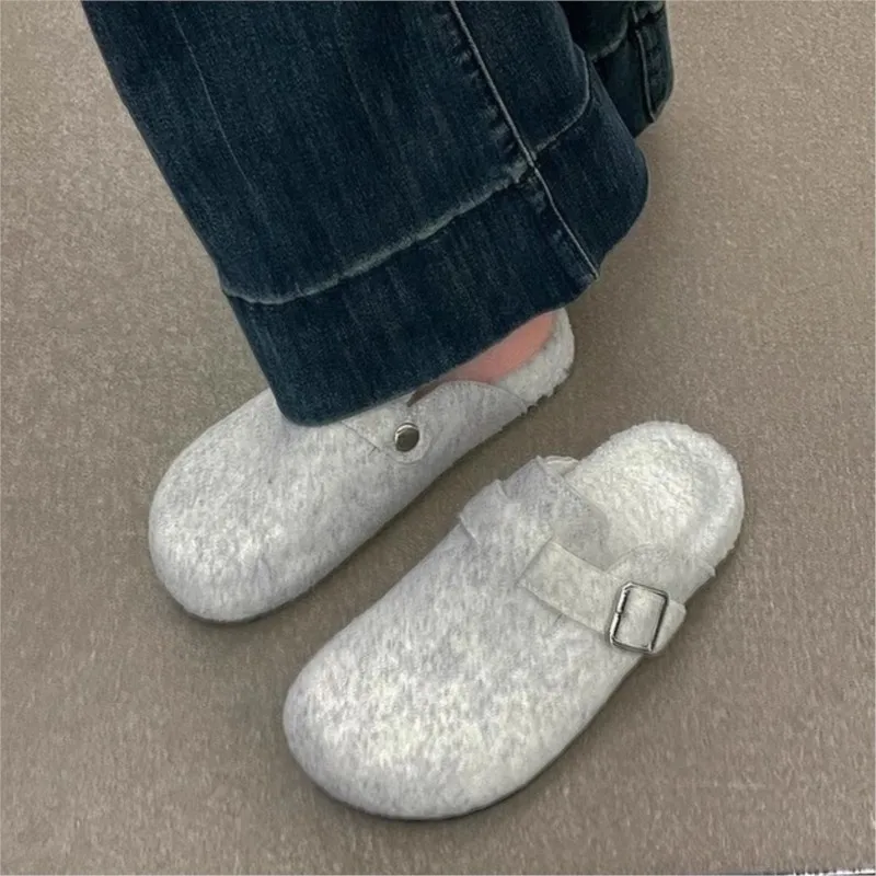 كريستار المرأة الشتاء البغل النعال موضة الفراء اصطف الجلد المدبوغ قباقيب أحذية قطنية مع مشبك قابل للتعديل سيدة نعال مسطحة عادية #3