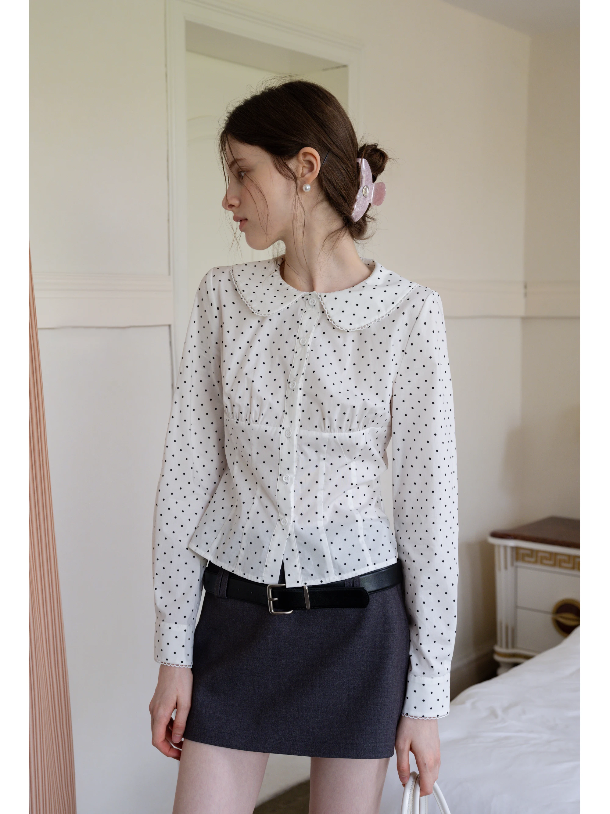 

EGGKA Retro Polka Dot Doll Collar irt Loose Long Sve Slimming Top Miu Sle Spring New Arrival Breathable Cotton Women's...