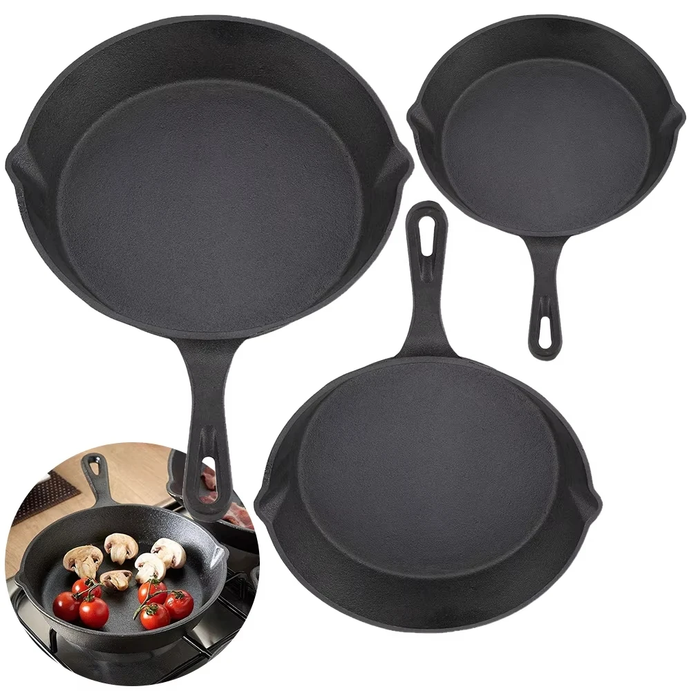 Juego de Sartenes de Hierro Fundido sin Recubrimiento de 3 Piezas, 16/21/26 cm, para Freír Alimentos, Cocinar y Saltear, Sartenes Antiadherentes, Sartén para Tortillas