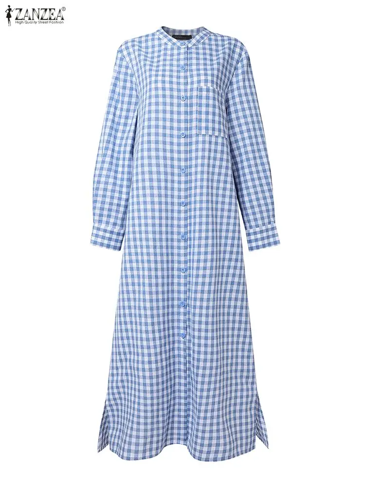 فستان نسائي غير رسمي منقوش لربيع 2025 بأكمام طويلة ورقبة دائرية وأزرار حتى الجيب وفتحة جانبية منقوشة فساتين طويلة طويلة من ZANZEA Woman #5