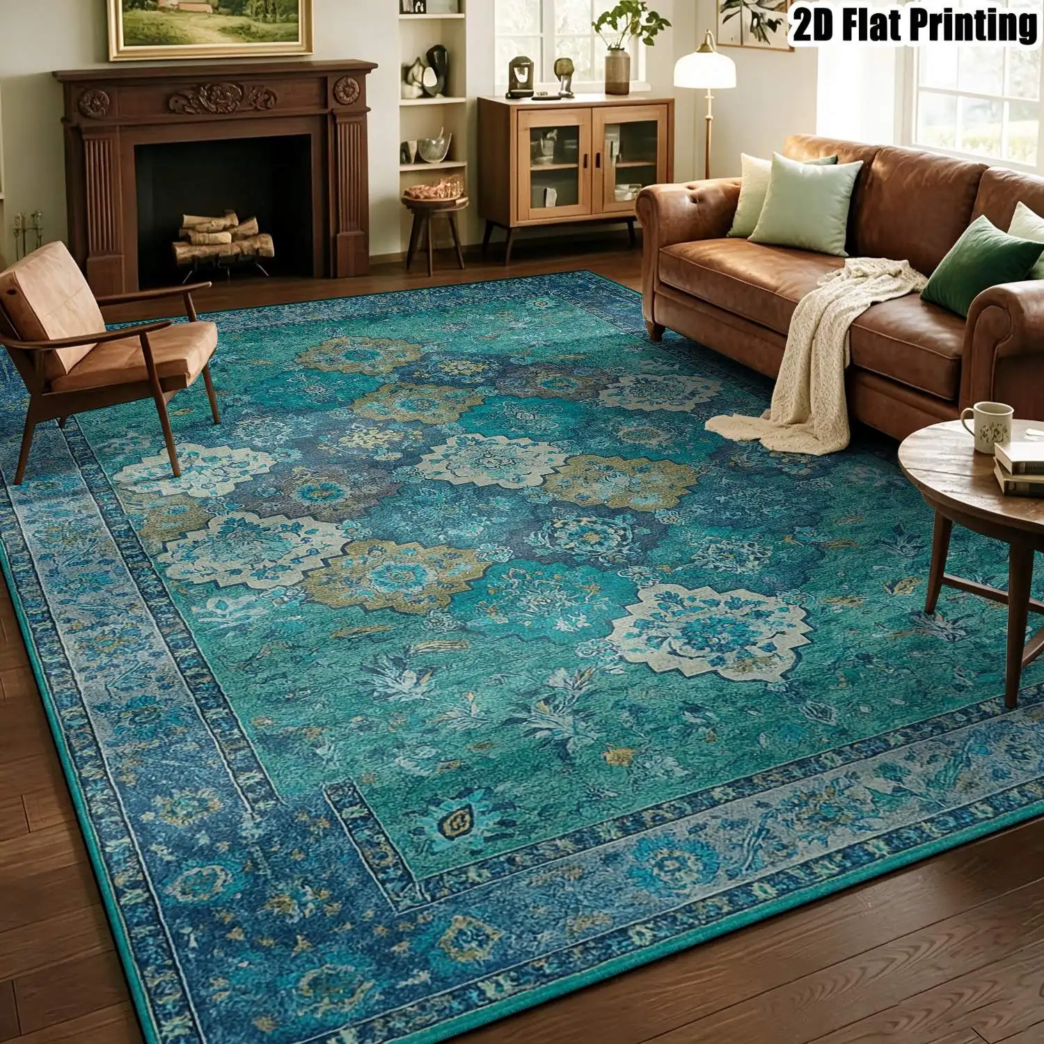 1Pc 2D Printed Retro Blue-Green Geometric Floral Carpet, European/Bohemian Style, Home Decor, Multi-Size, Machine Washable, for Living Room, Bedroom, Dining Room, Entrance, Study