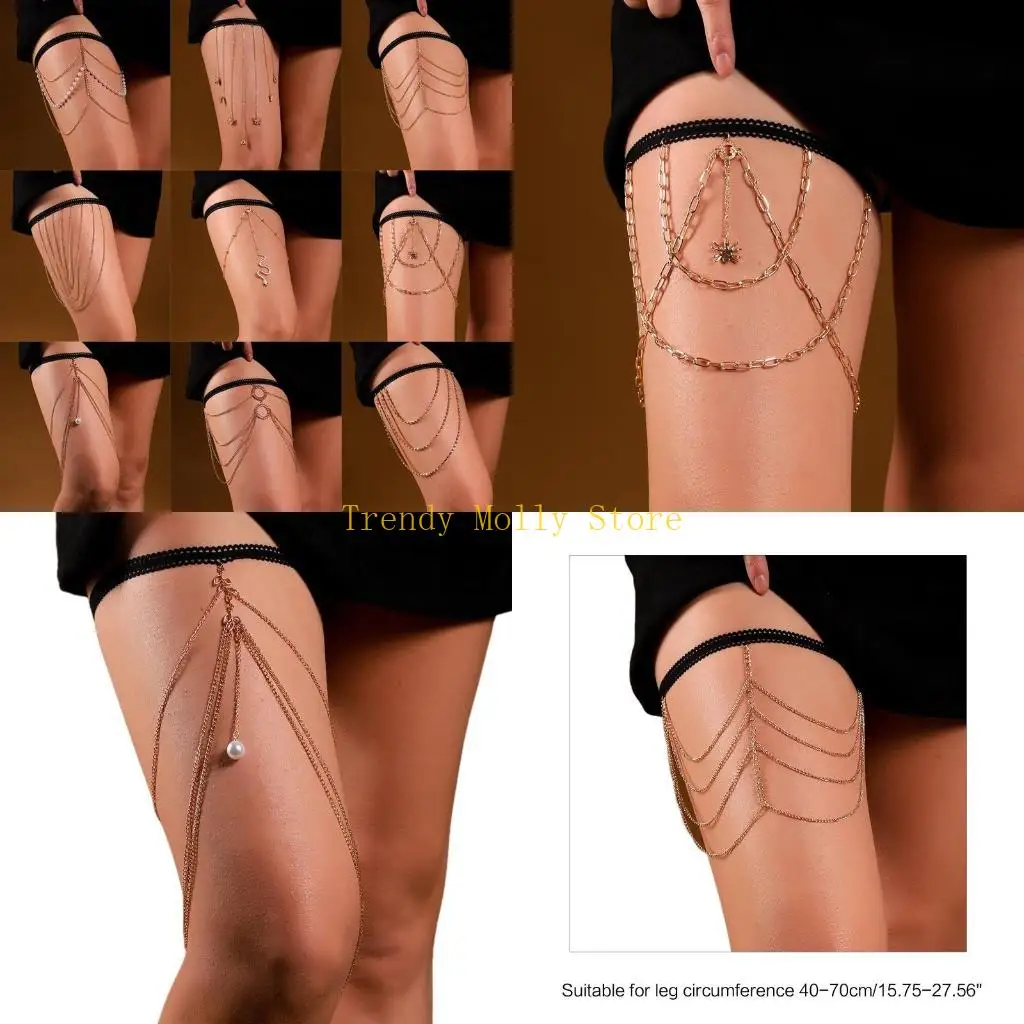 

N5KB Women Sexy Multi Layer Gothic Leg Chain Belts Cosplay Beach Party Thigh Chain