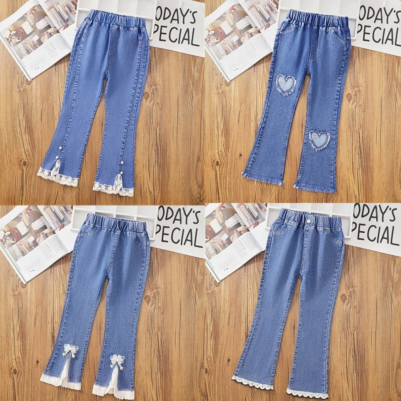 Celana Denim Anak Perempuan untuk 1-12 Tahun Celana Panjang Berkaki Lebar Longgar Renda Satin Celana Kaki Menyala Kasual Pakaian Anak-anak Musim Penuh