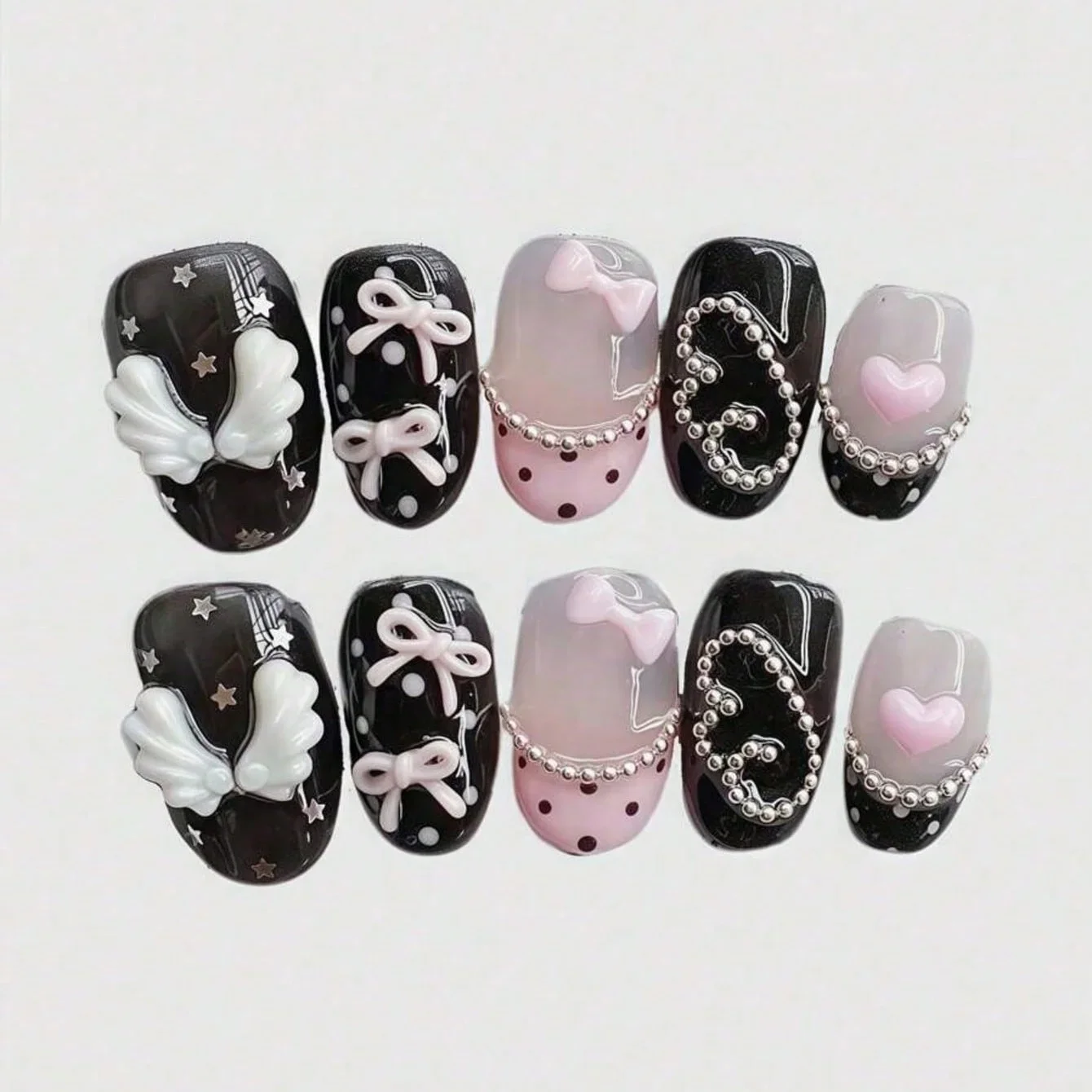 10pcs Pure Hand Pressed Short Circular Nail Art, Beautiful Fake Nails, Sweet and Cool Pink Bow, Suitable for Women to Use