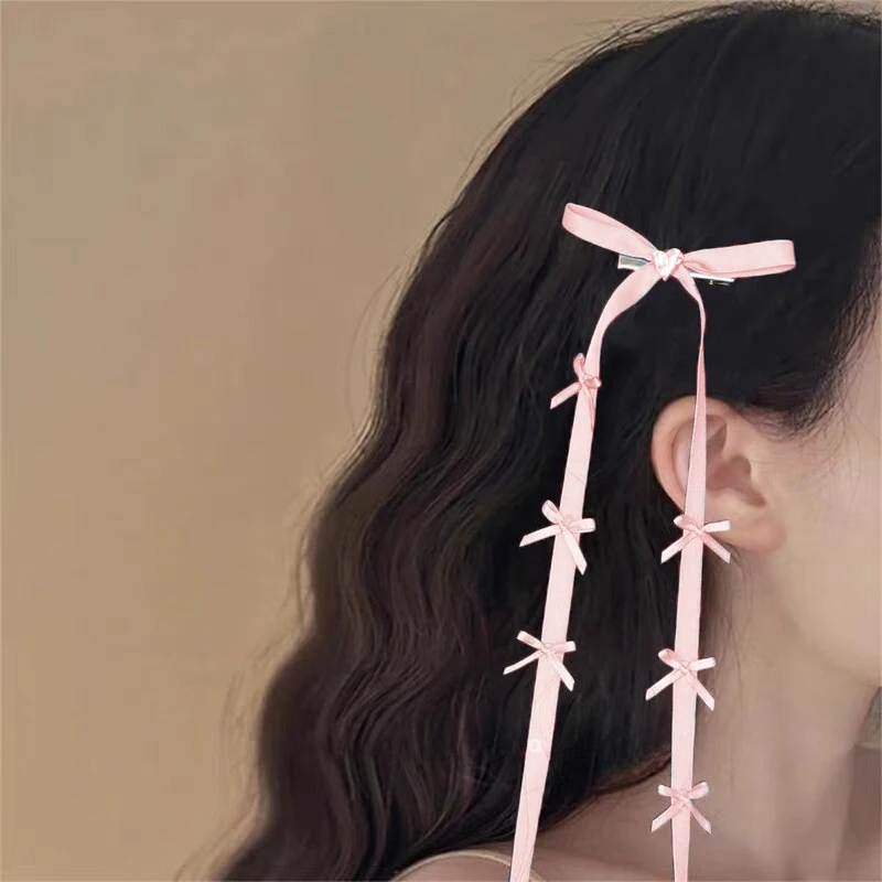 2 st Nieuwe Lint Lange Boog met Hart Haar Kant Clips voor Vrouwen Meisjes Haarspeld Haaraccessoires Hoofddeksels Ornament