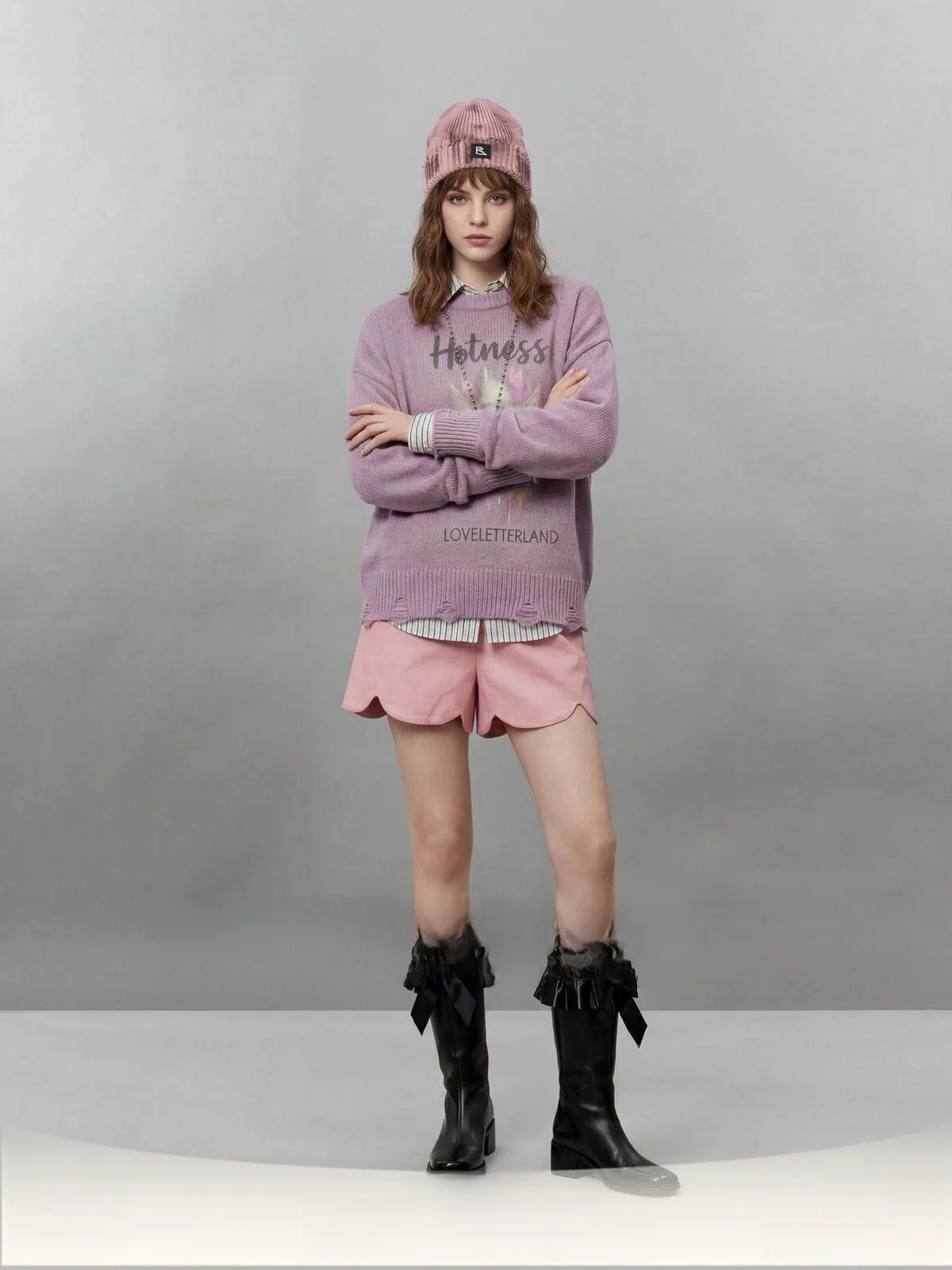 

Loose Women's Purple Sweater Casual Sle Overhead Fake Two-Piece Knitted Long Sve Regular Length Spring New Arrival