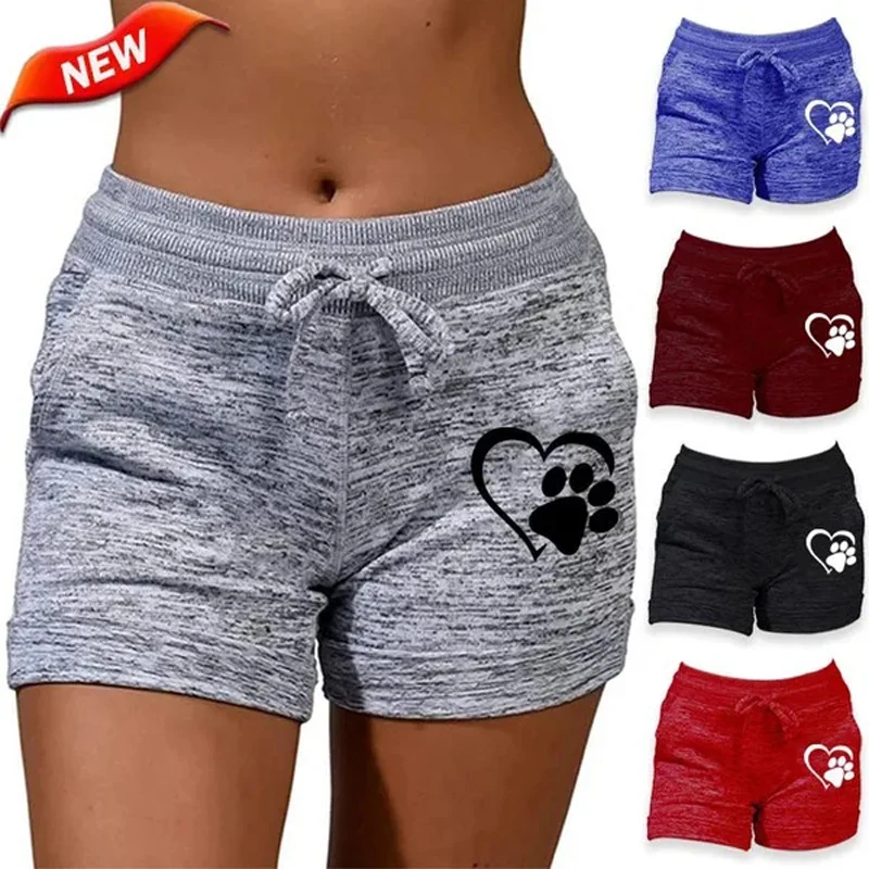 Shorts impressos pata de gato para mulheres, shorts fitness esportivos, assentamento de secagem rápida, coração engraçado