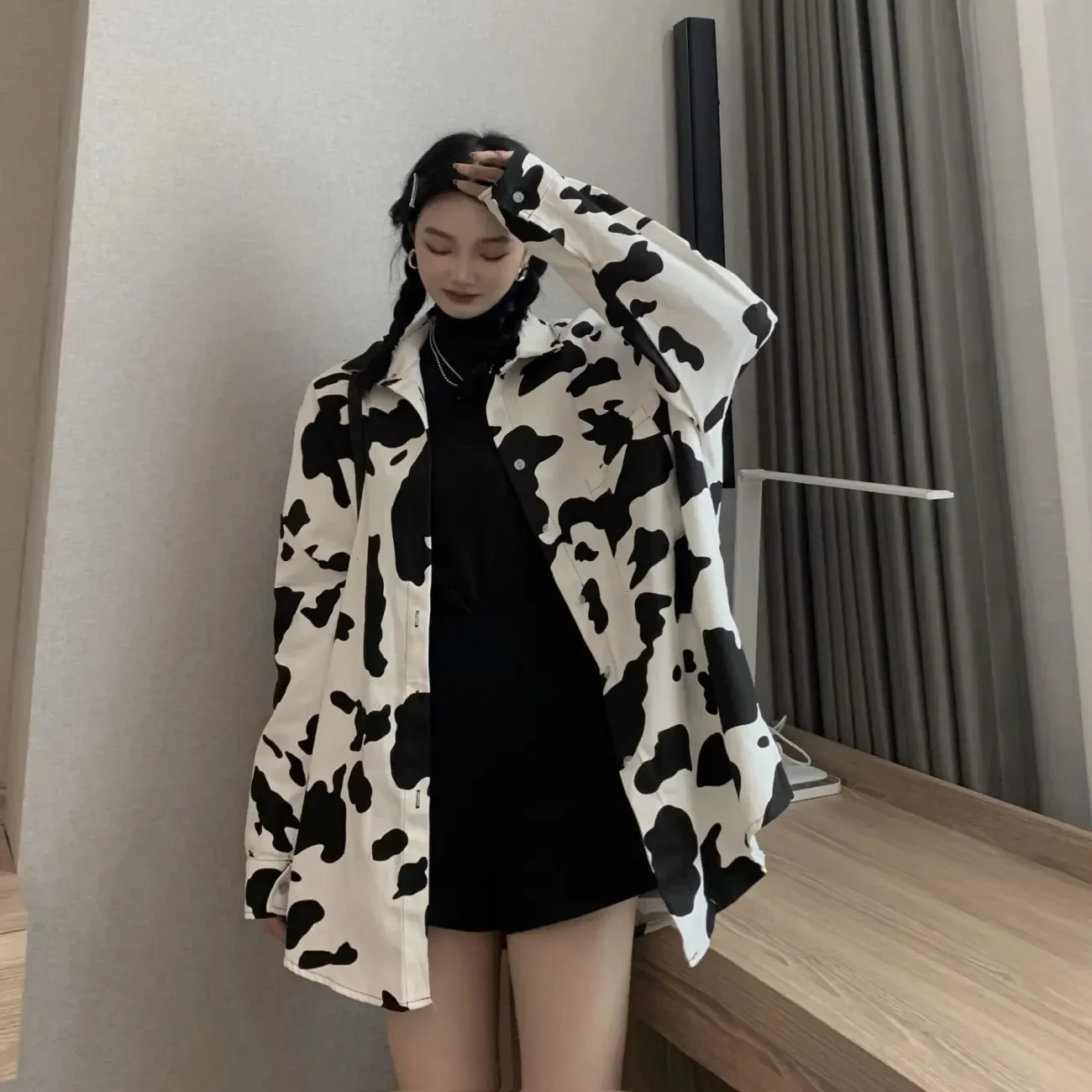 Cow Print Woman Man Blouses Harajuku Colorblock Cartoon Button Up Shirt Loose Long Sleeve Casual Vintage Streetwear Fall Blusas