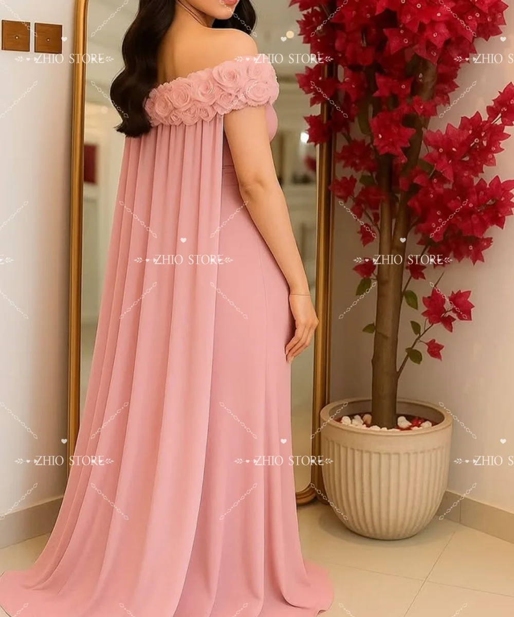 ZHIO البوق مع زهور الورد ثلاثية الأبعاد دبي فستان حفلة موسيقية وردي مخصص مع شال Vestidos de noche سويب تراين سهرة رسمية