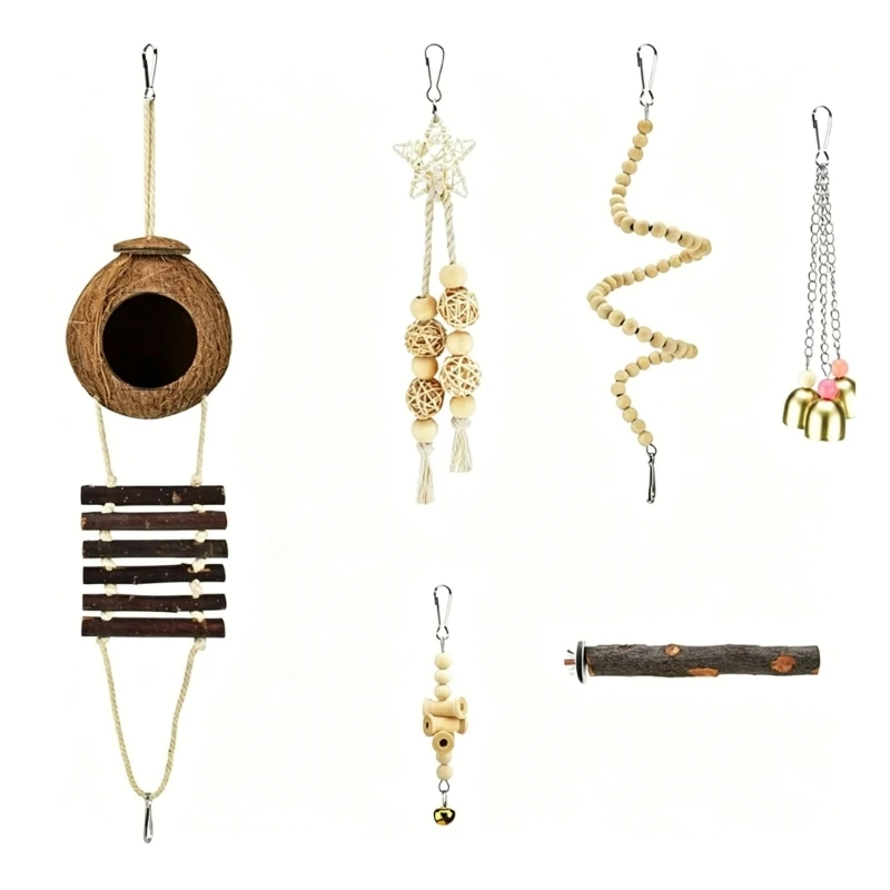 Complete Bird Cage Enrichment Set With Wooden Perches Hanging Objects And Climbing Ladder J0MC