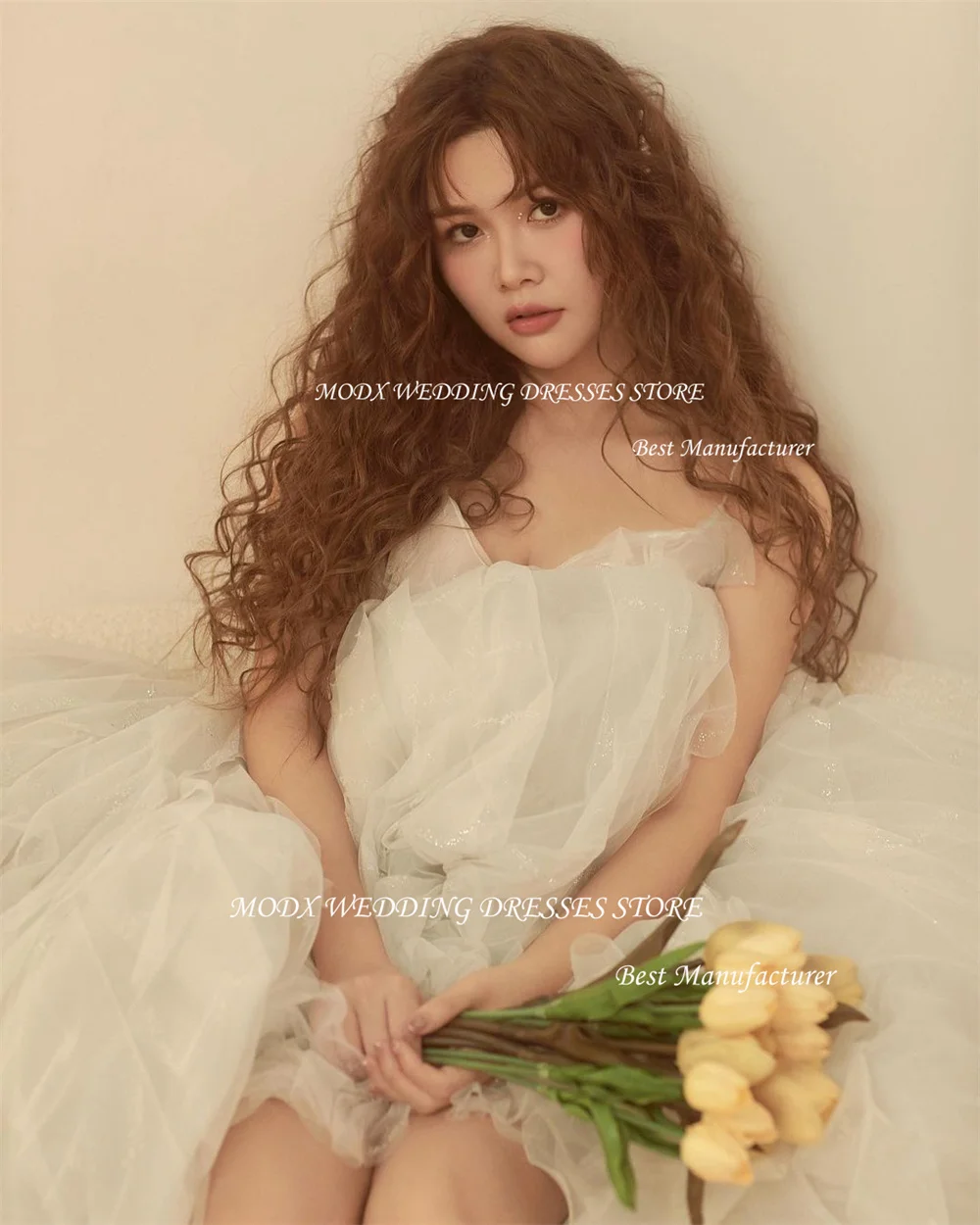 MODX blanc Tulle robes de mariée Photoshoot corée Spaghetti sangle bouffée longueur de plancher princesse dos à lacets robes de soirée