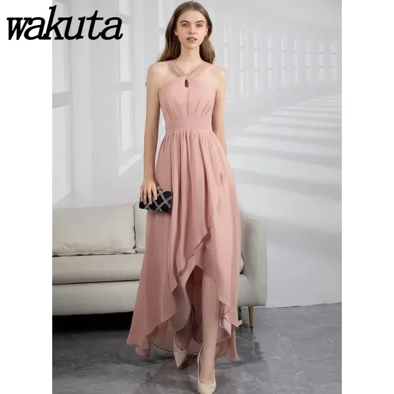 Wakuta Sexy Hanging Neck Cross Sleeveless Chiffon Women's Bridesmaid Gowns Irregular Hem A-line Folded Pocket Evening Dresses