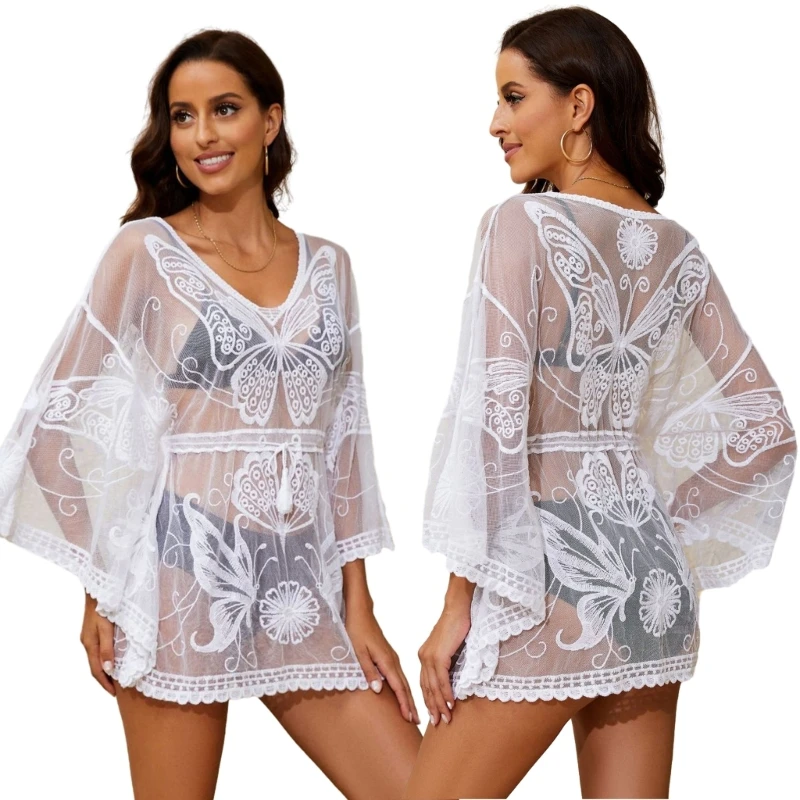 Women\'s Sexy Butterfly Swimsuit Cover Ups Casual See Through Sheer Mesh Short Mini Dress for Swimwear