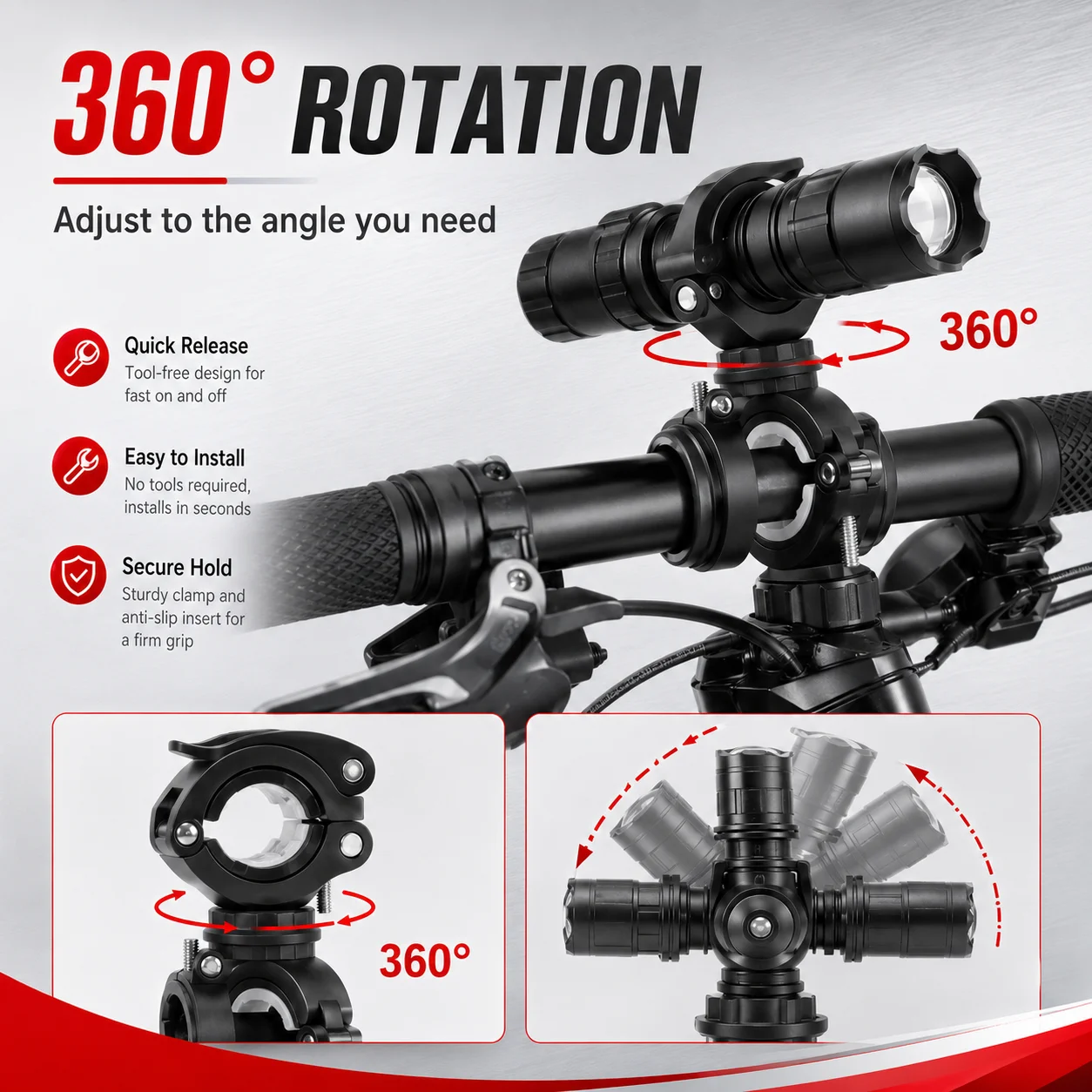 PINMOAP 1PC Adjustable Bicycle Torch Holder Bike Flashlight Handlebar Mount Clip Bracket Durable Non Slip Night Riding Accessori