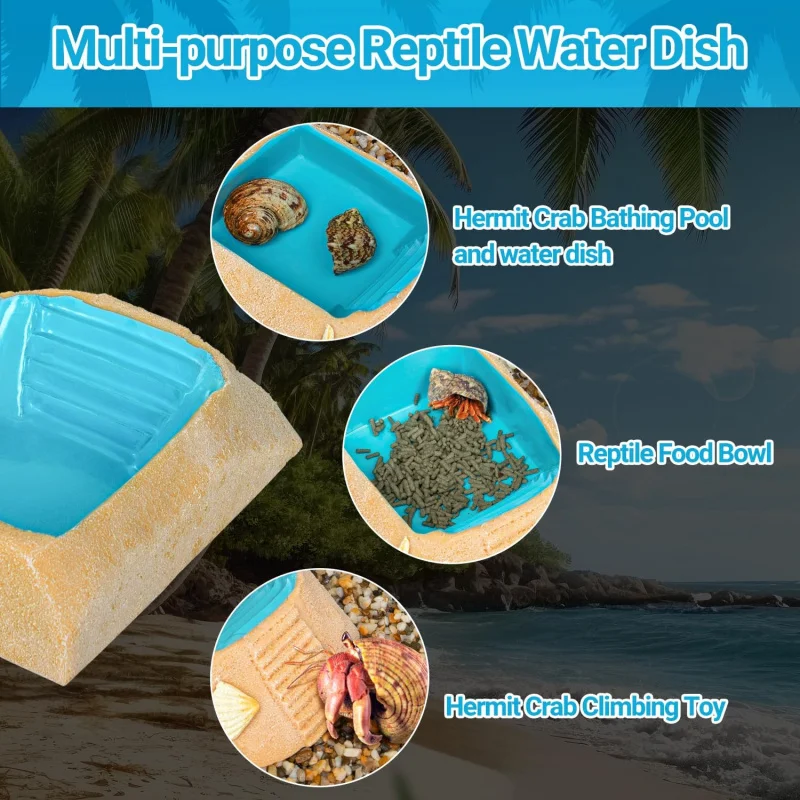 Hermit Crab Water Bowl with Climbing Ramp, Resin Hermit Crab Water Food Dish and Bathing Pool Beach Style Reptile Ramp