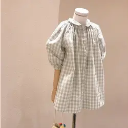 Vestido xadrez de lapela infantil, Vestidos de algodão feminino, Roupa coreana, Novo, Verão, 2021