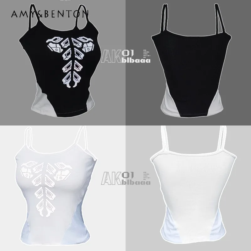 

Spice Girl Punk Style Reflective Printed Suspender Vest Subculture Patchwork Elastic Chest Pad Vest Women Slim Y2K Crop Tops
