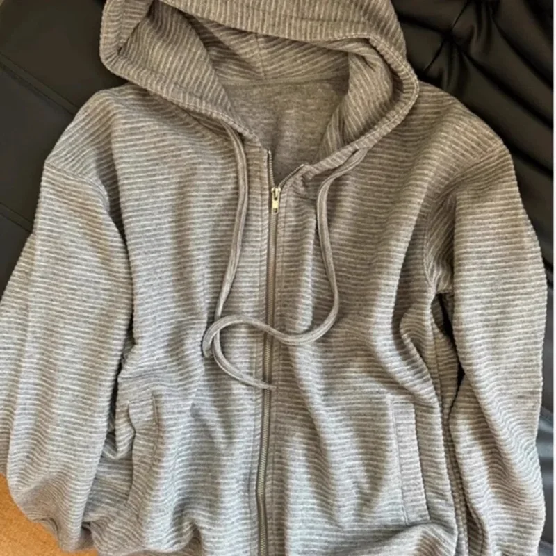 

Свободный полосатый кардиган, толстовка с капюшоном, весна-осень, ленивые повседневные универсальные топы Mujer Y2k, женское пальто на молнии с длинными рукавами