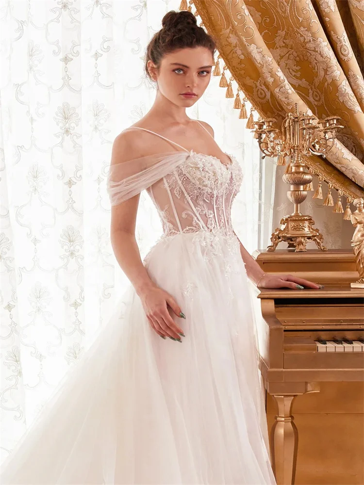 A-line eleganti abiti da sposa senza maniche Off-The-spalla pizzo Tulle lunghezza del pavimento abito da sposa Applique abito da sposa per le donne