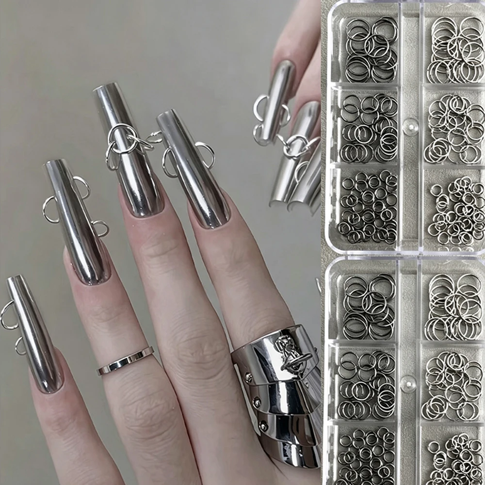 6 Grids Silver Punk Piercing Circle Ring Nails Art Charms Alloy Round Ring Rivets Nail Parts Hardcore Open-ended Manicure Decora