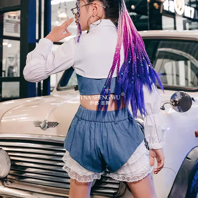 Hip Hop Street Dance Kinderkleding K-pop Podiumoutfits Blauw Wit Mode Cool Jazzdanskleding Meisjes Runway Show Kostuum