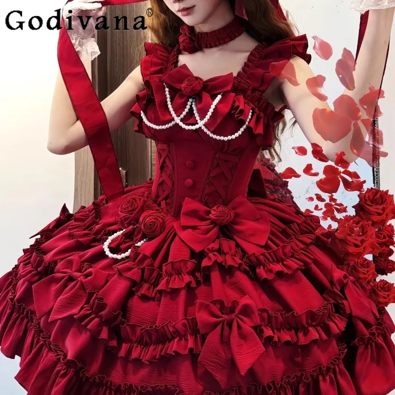 

Red Ballet Style Rose Lolita Dress for Ladies Sweet Cute Bow Tail Princess Dress Women's Japanese Birthday Lolita Cake Dress