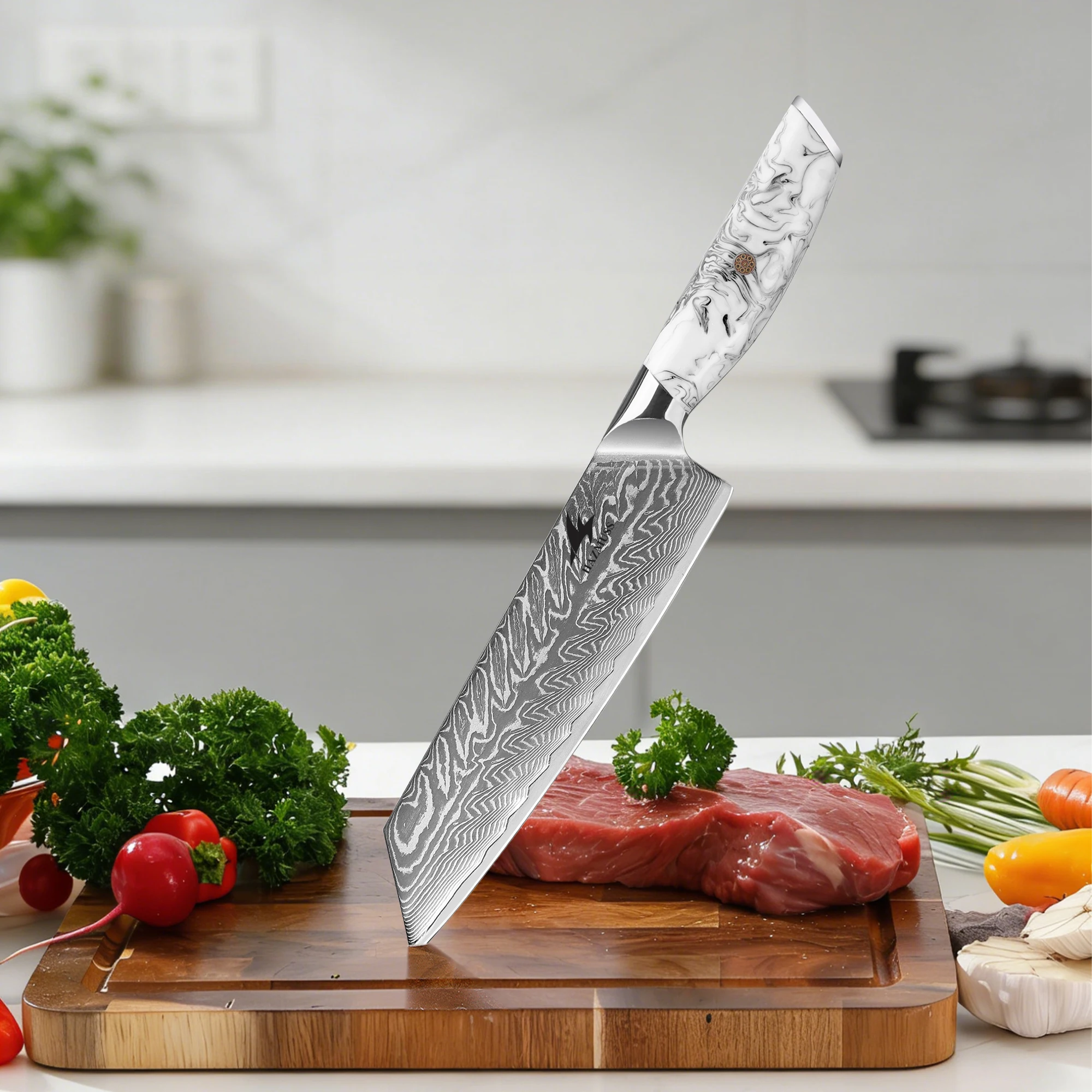 

8 Inch VG10 Core Damascus Steel Kiritsuke Knife, Ergonomic Resin Handle, Slicing & Dicing Kitchen Knife with Gift Box