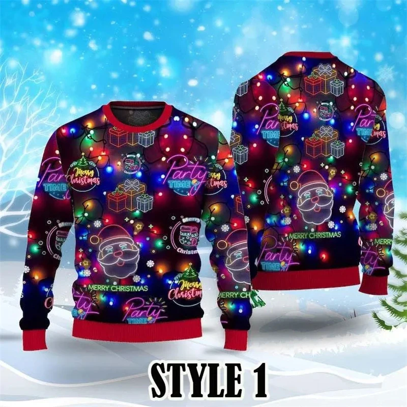 Neon Lights Ugly Christmas Sweater For Men Fashion Colorful Santa Xmas Tree Graphic Sweatshirt Casual Oversized Kids Tracksuit