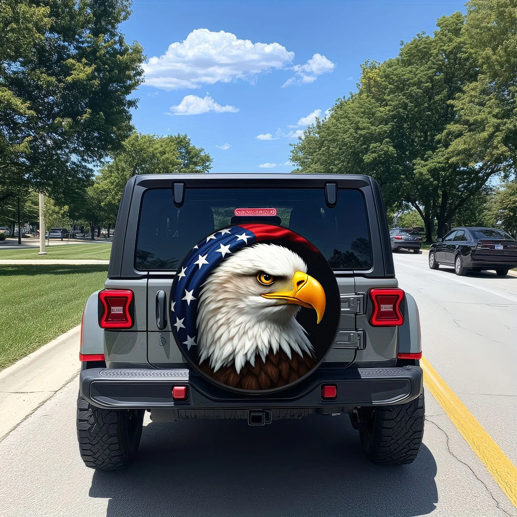 星条旗の模様が描かれた翼を広げたタイヤカバーは、ジープのオフロード車、RV、トレーラーに適しています。 愛国者