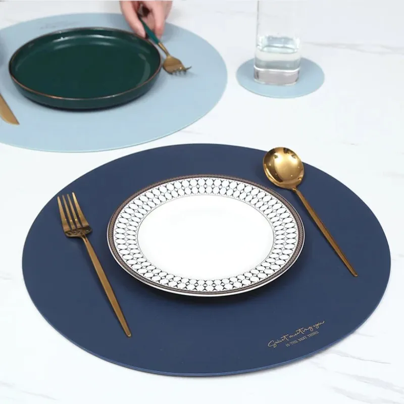 1/4/6 Sets Round PU Leather Placemats and Coaster Set Insulation Mat Oil-Proof Waterproof Table Place Mats for Coffee Blue Green