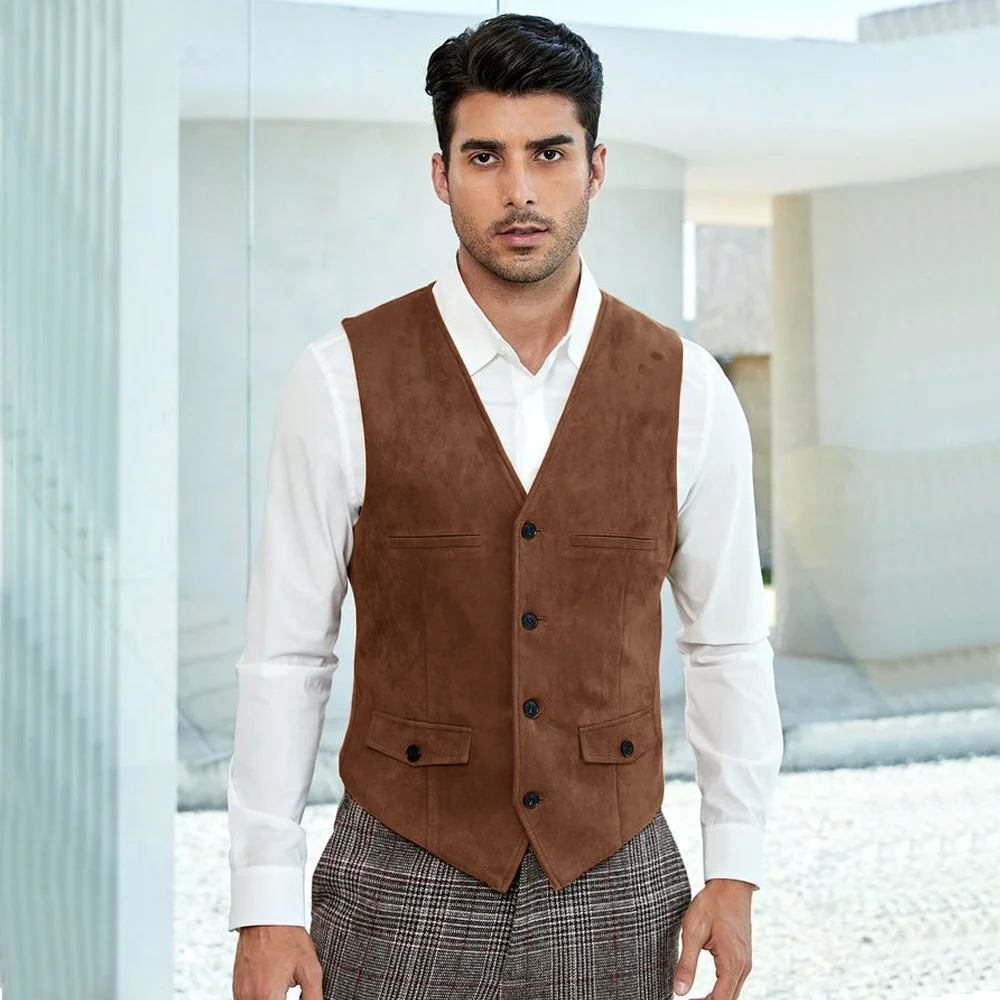 Men's Suede Jacket Suede Single Breasted Vintage Man Suit Vest Man Dress Casual Vests for Men Male Clothes Suits Formal Gilet Up