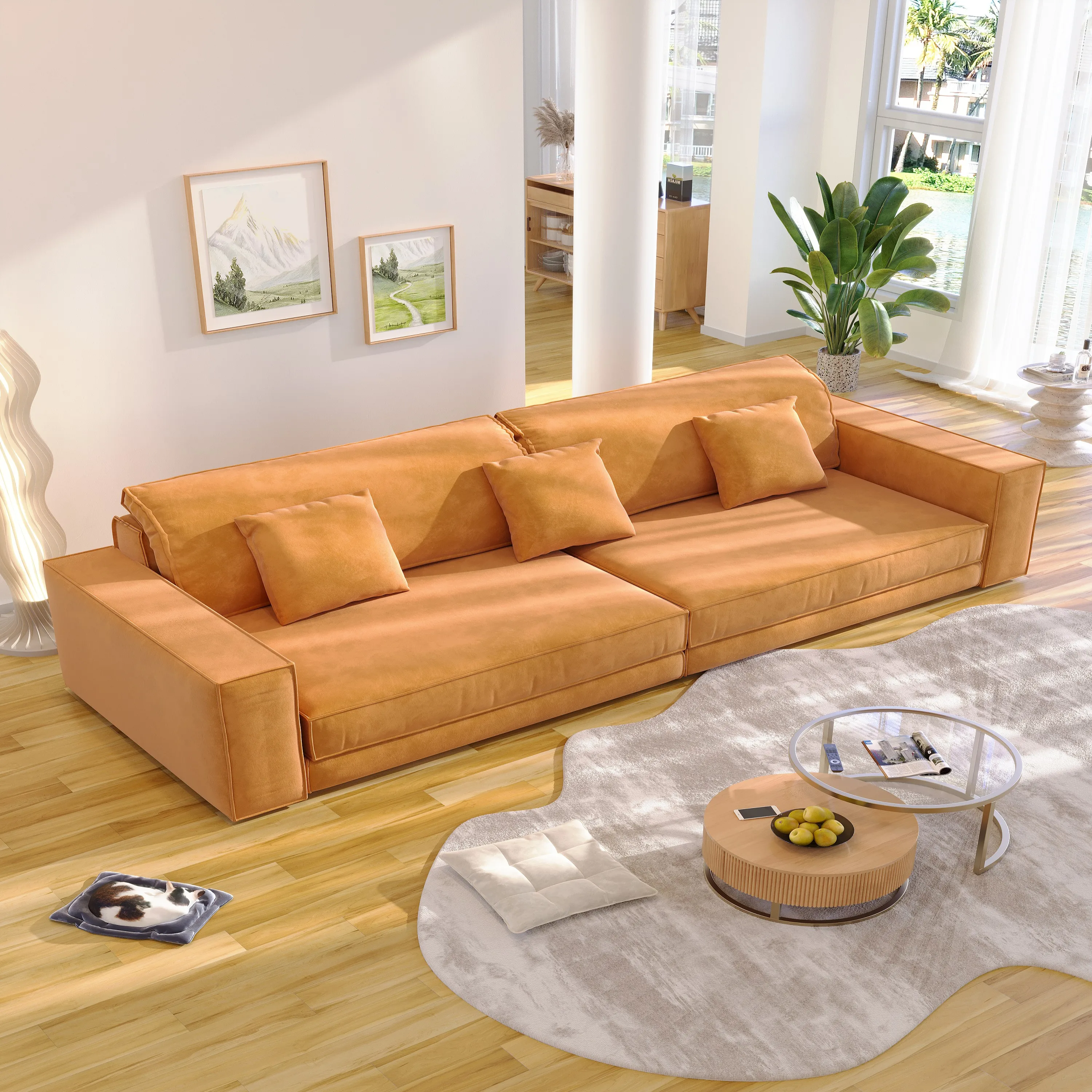 

！@Large Deep Squat Fabric Straight Row Sofa Fabric Sofa Solid Wood Frame Furniture for Living Room Sofa