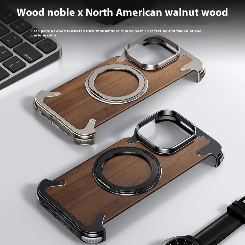 For iPhone 15 14 Pro Max Case 360°Rotating Ring Stand Magnetic Magsafe Phone Holder Walnut Wood Metal framework Protective cover