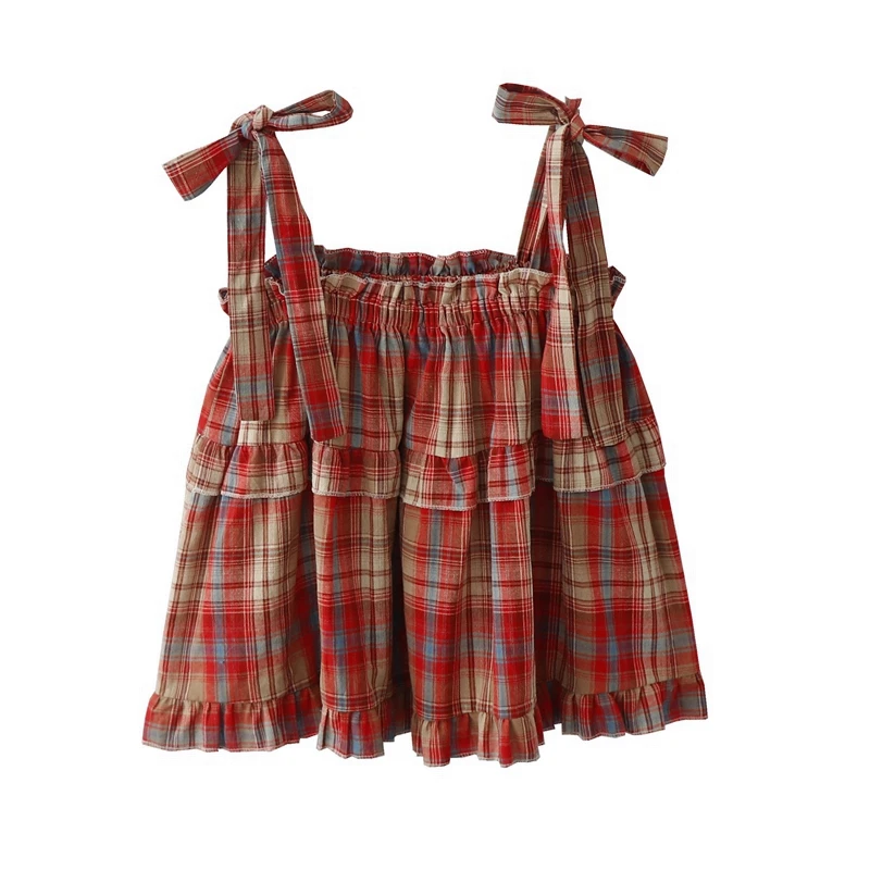 Sweet Hot Girl Age-reducing Plaid Bow Lace-up Loose Doll style Camisole Vest Women's Summer Ruffle Stitching All-match Sling Top