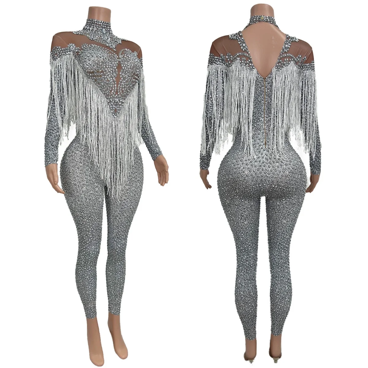 Women's Silver Rhinestones Tassel Jumpsuit Stretch Bodysuit Luxury Costume Sparkly Crystals Celebrate Party Sexy Outfit Yiwan