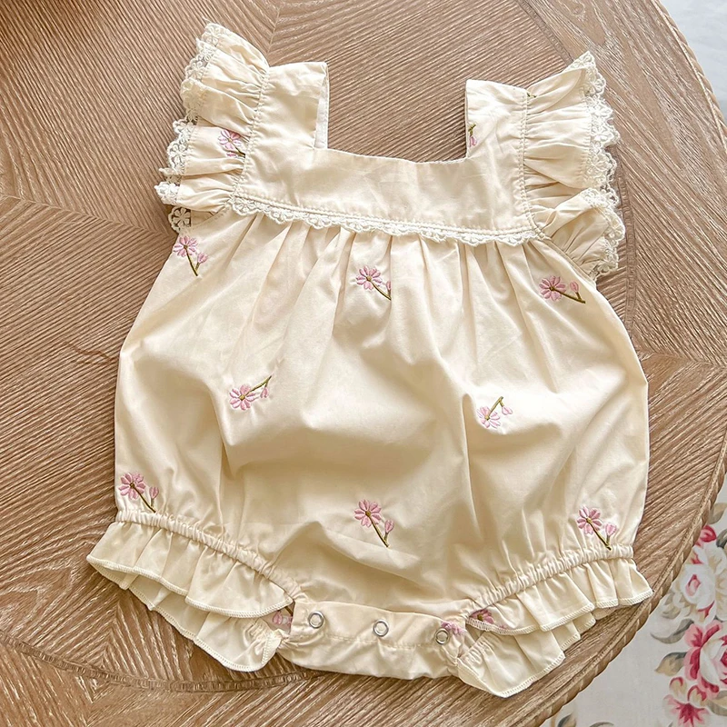 Newborn Baby Girls Jumpsuit Flying Sleeve Cotton Flower Embroidery Toddler Baby Girl Bodysuits Baby Girls Clothes For Summer