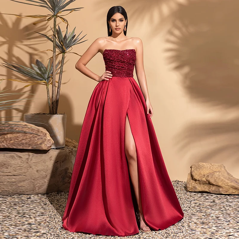 

High Slit Satin Evening Dress Sequin Strapless Prom Dress for Wedding Party Dress Floor Length A-line Formal Dress Elegant Gown