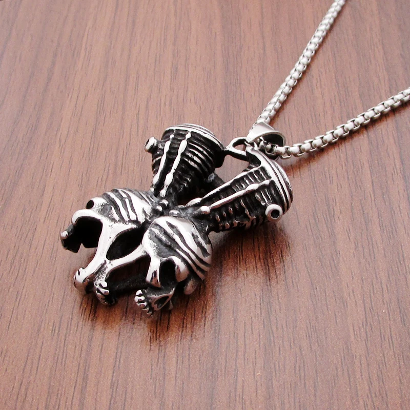 Retro Motorcycle Engine Pendant Stainless Steel Jewelry Skull Motor Biker Men‘s Necklace