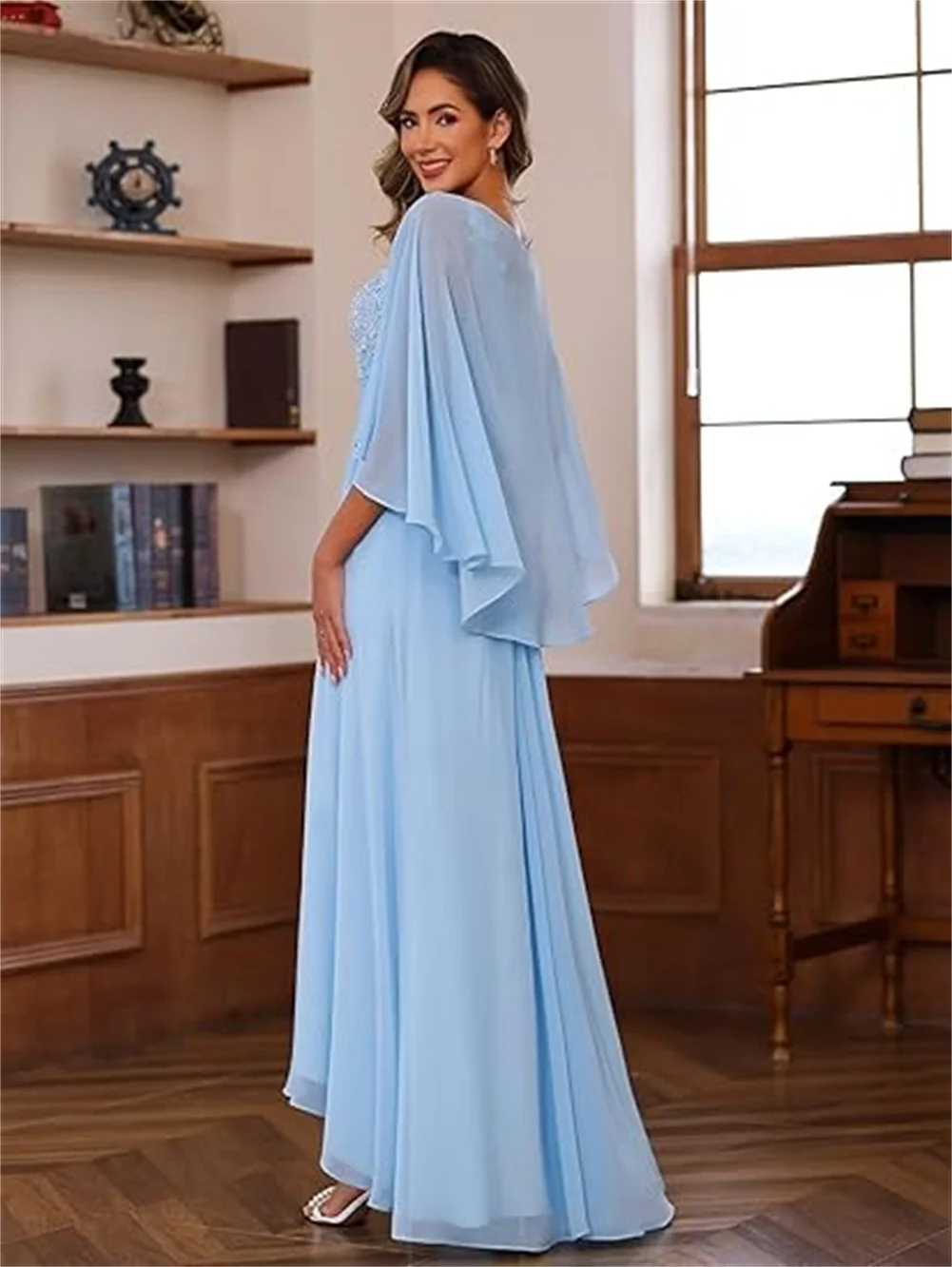 Gaun pengantin wanita, renda applique mutiara 2 potong sifon ibu dari pengantin untuk pernikahan dengan jubah A Line gaun malam Formal panjang