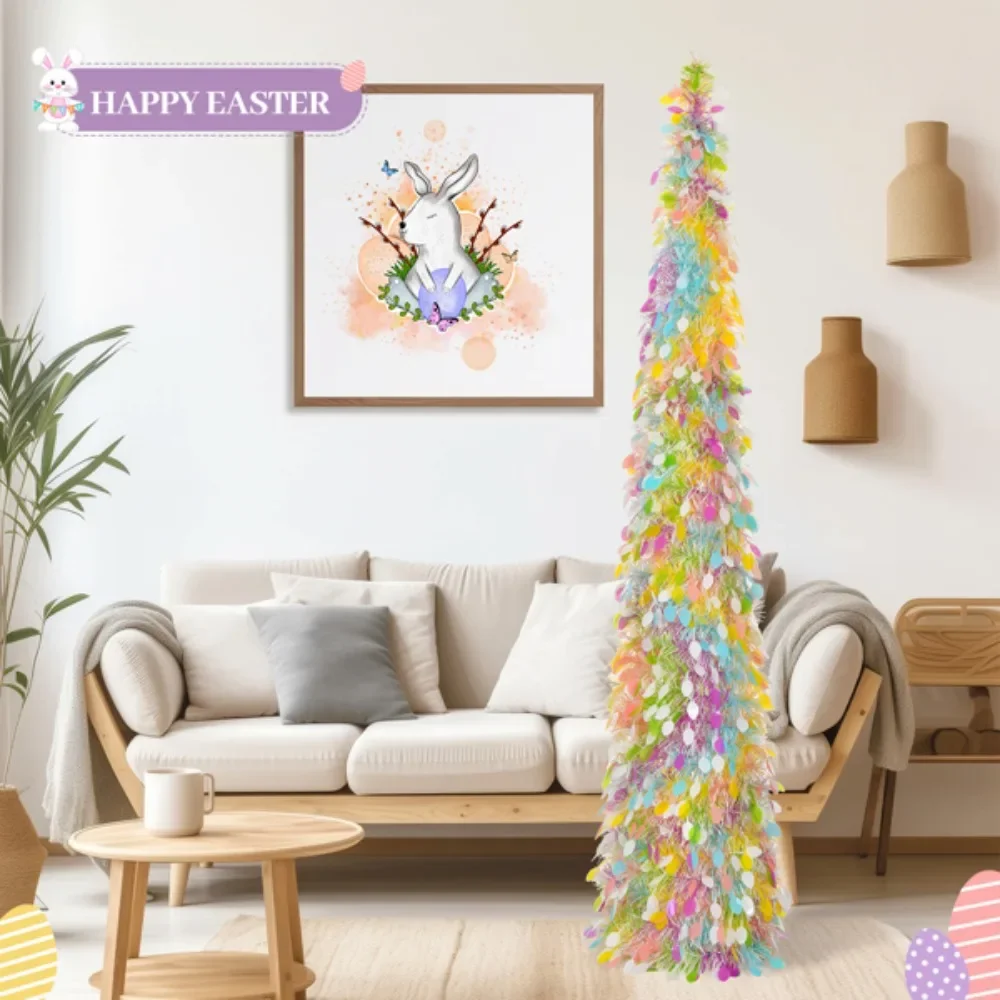 Easter Tree Decorations, 6 FT Artificial Pop Up Easter Pencil Tree with Colorful Eggs Sequins for Easter Spring Party Home