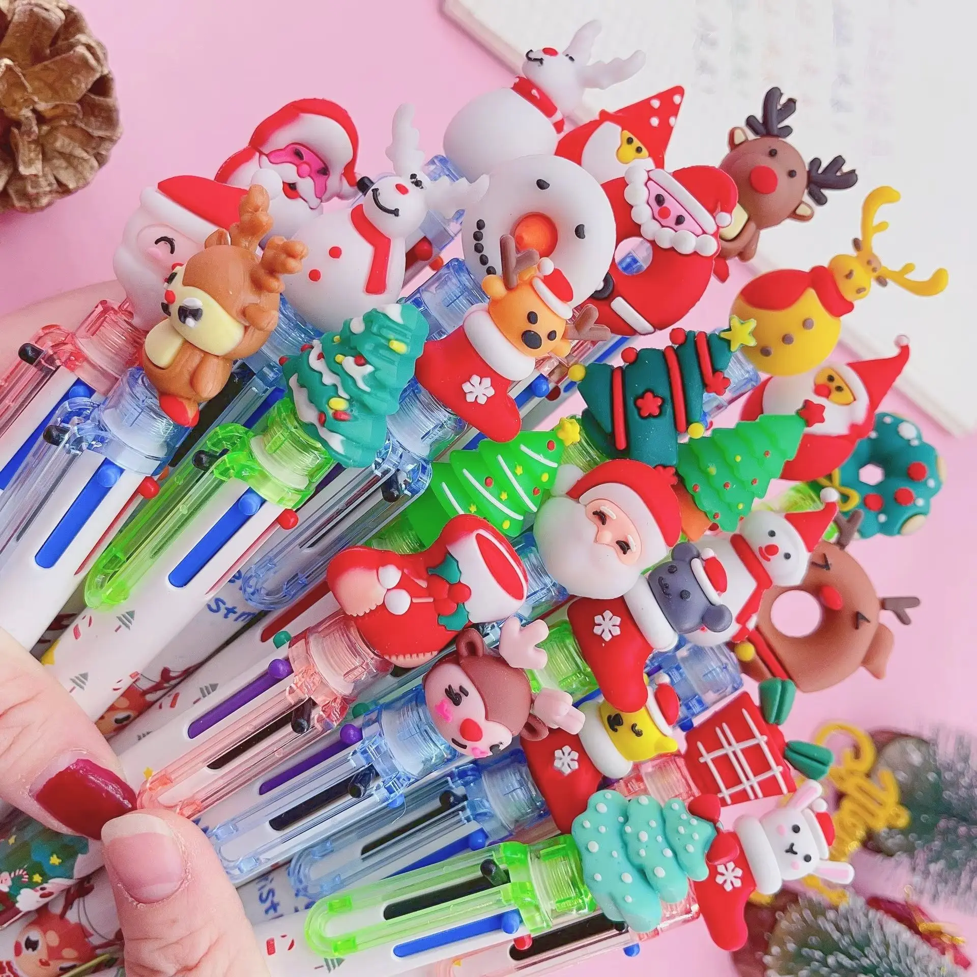 24Pcs/Lot Cute Christmas 6 Color Ballpoint Pen Cartoon Santa Claus Men Multi Color Oil Pens for Journal School Stationery Gifts