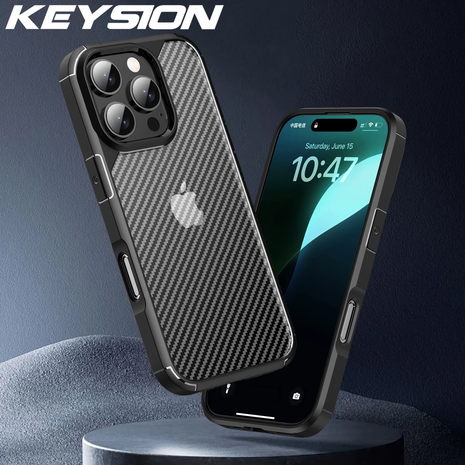 

KEYSION Shockproof Case for iPhone 16 Pro Max Silicone+PC Matte Carbon Fiber Texture Phone Back Cover for iPhone 16 15 Pro Max